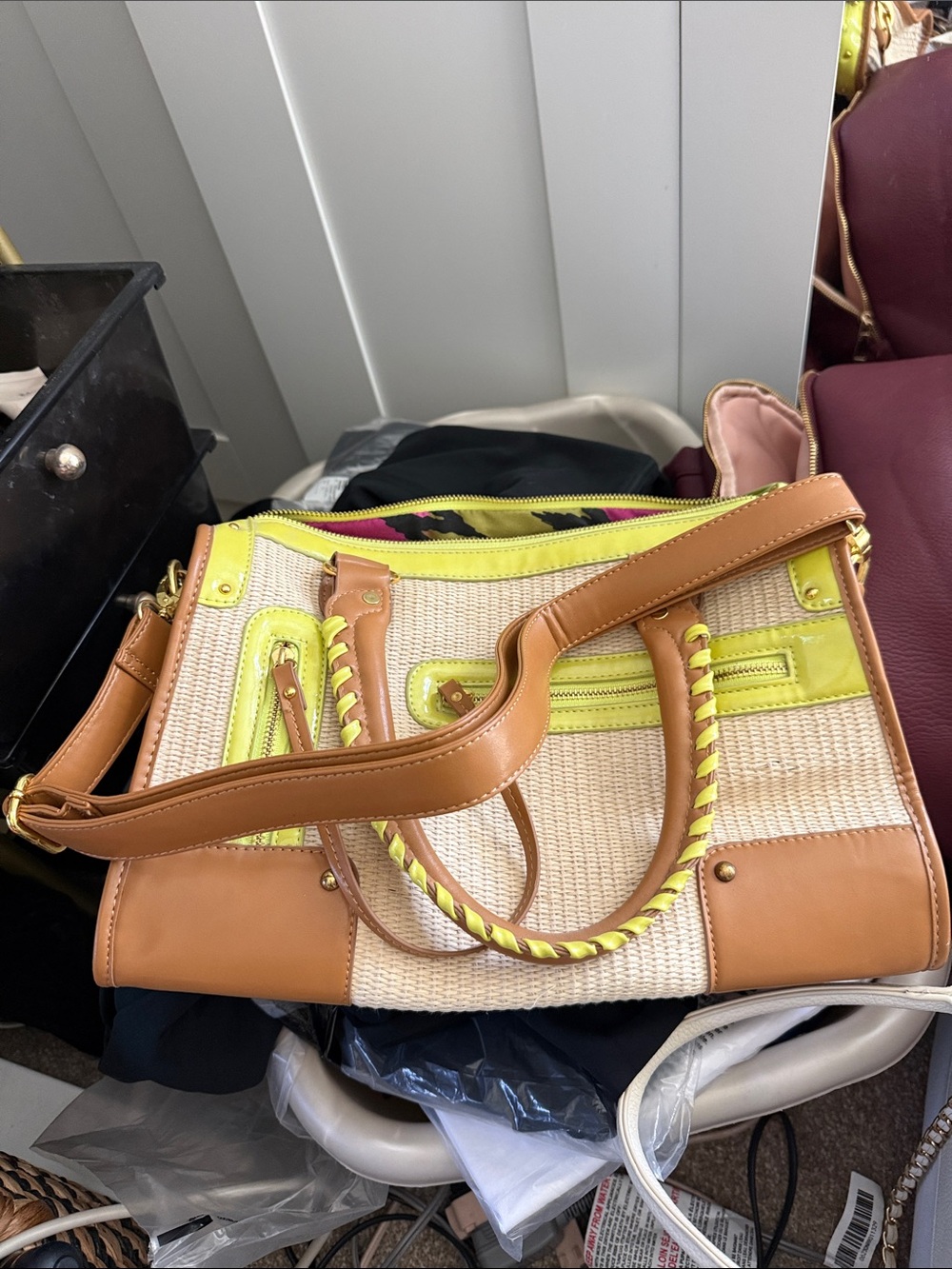 Nila Anthony Tan and Neon Yellow Woven Satchel